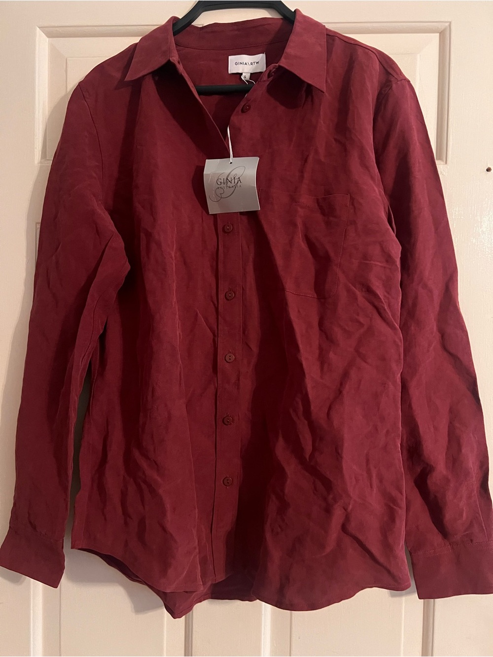 Ginia \ rtw silk linen button up burgundy shirt preppy chic nwt reformation alc